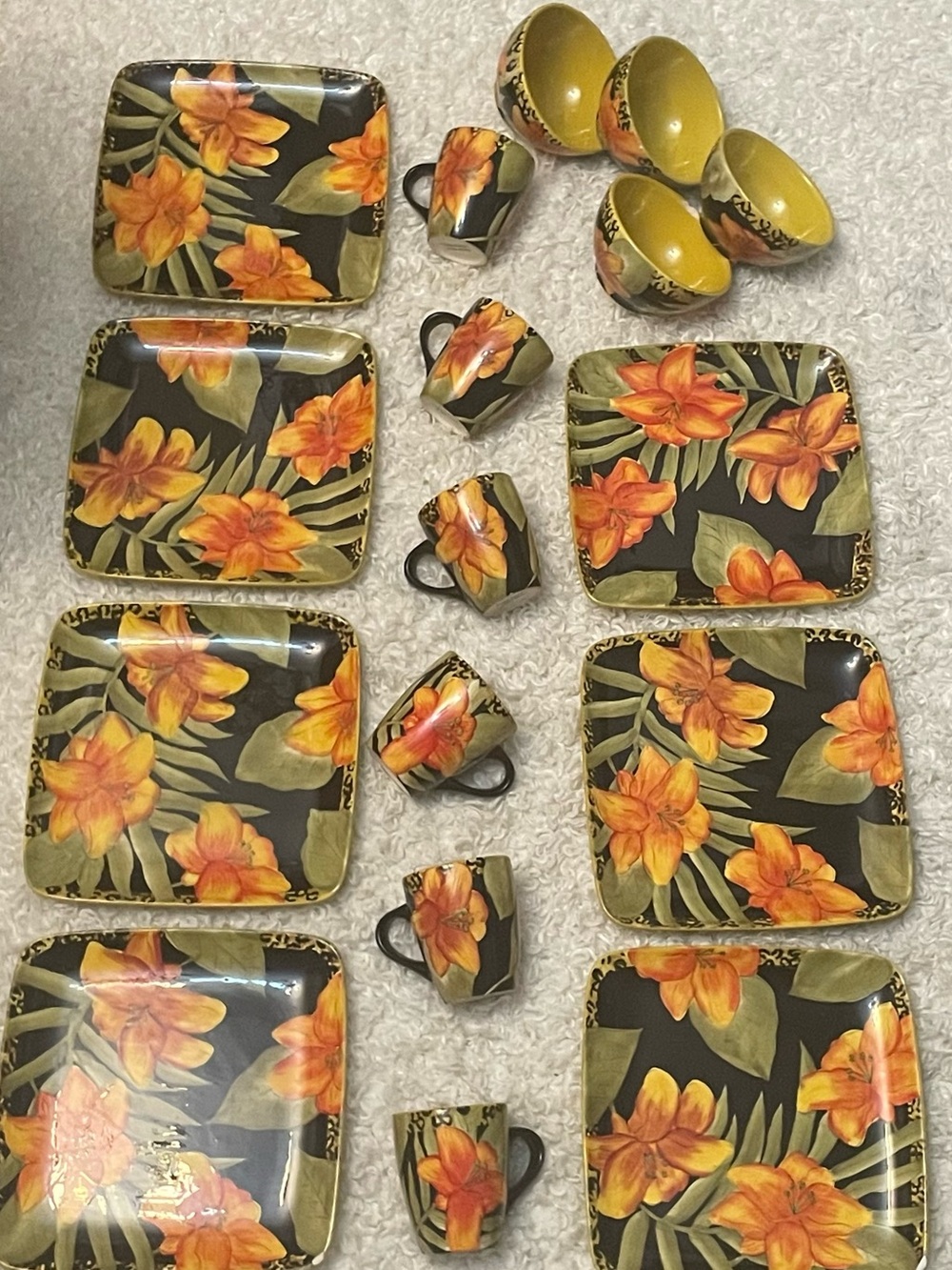 Gates Ware by Laurie Gates Tropical Floral Dinnerware Set Vintage Black Orange F